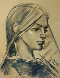 Doda Baloch, Tribad Girl III, 11 x 14.4 Inch, Charcoal on Paper, Figurative Painting, AC-DDB-015